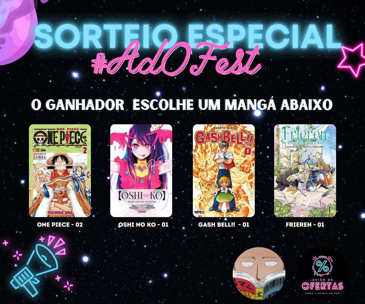 ⚡Sorteio Especial #AdOFest ✅Regras: - Seguir: @AvisoDeOferta e @MimeseMangas - Dar RT e Like - Comentar qual mangá vai querer com a #AdOFest 📌Resultado hoje