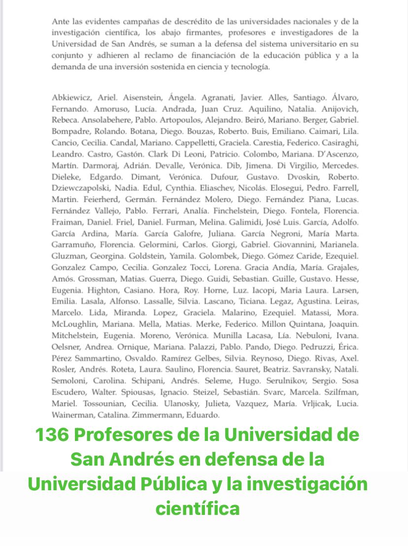 Ya somos 136 los investigadores y profesores de la Universidad de San Andrés que firmamos una carta en apoyo al reclamo de recomposición del presupuesto universitario.