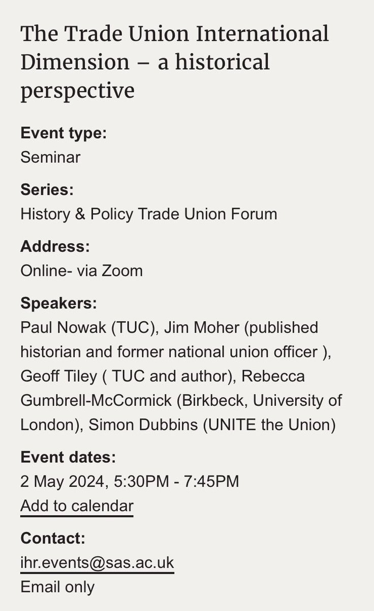 We’ve got a tremendous line up including @nowak_paul & @simon_dubbins for our online workshop @HistoryPolicy @ihr_history on the international history of trades unionism on the evening of Thursday 2 May. Register here: history.ac.uk/events/trade-u…