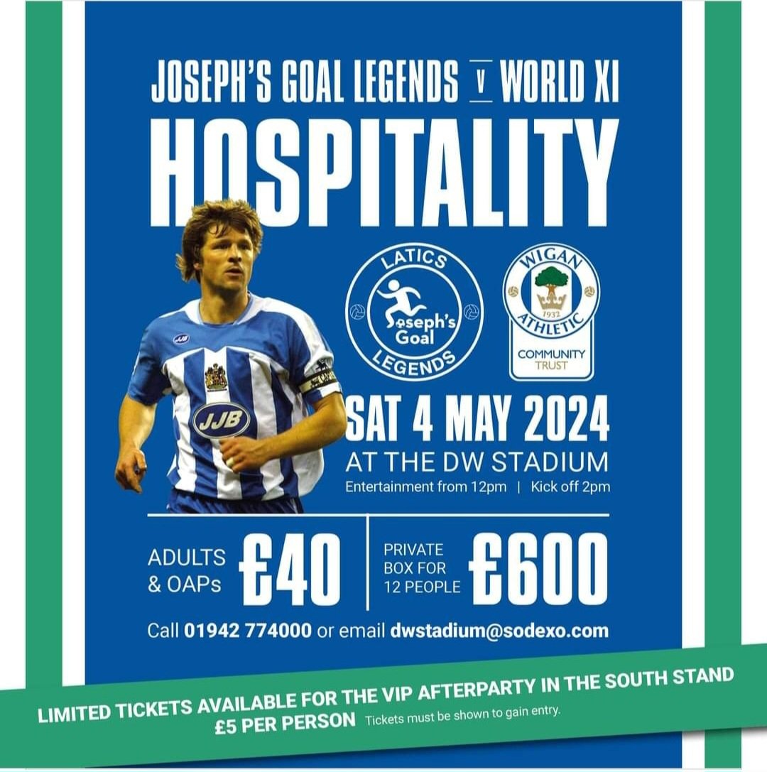 Latics take on Bristol Rovers this Saturday BUT then there is ONE MORE GAME !! JG Wigan Athletic Legends v World XI Saturday May 4th. 2pm ko at the DW Stadium TICKETS ON SALE NOW via 👇 eticketing.co.uk/wiganathletic/… Hospitality & Afterparty via dwstadium@sodexo.com #wafc…