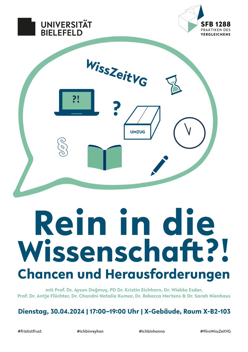 📢#Vormerken:
Wir freuen uns auf die #Podiumsdiskussion 'Rein in die Wissenschaft?!' am nächsten Dienstag (30.04.24) ab 17h @unibielefeld.
💬Es geht u. a. um das #WissZeitVG, Chancen und Herausforderungen einer Beschäftigung im Wissenschaftssystem, #IchbinHanna und #IchbinReyhan.