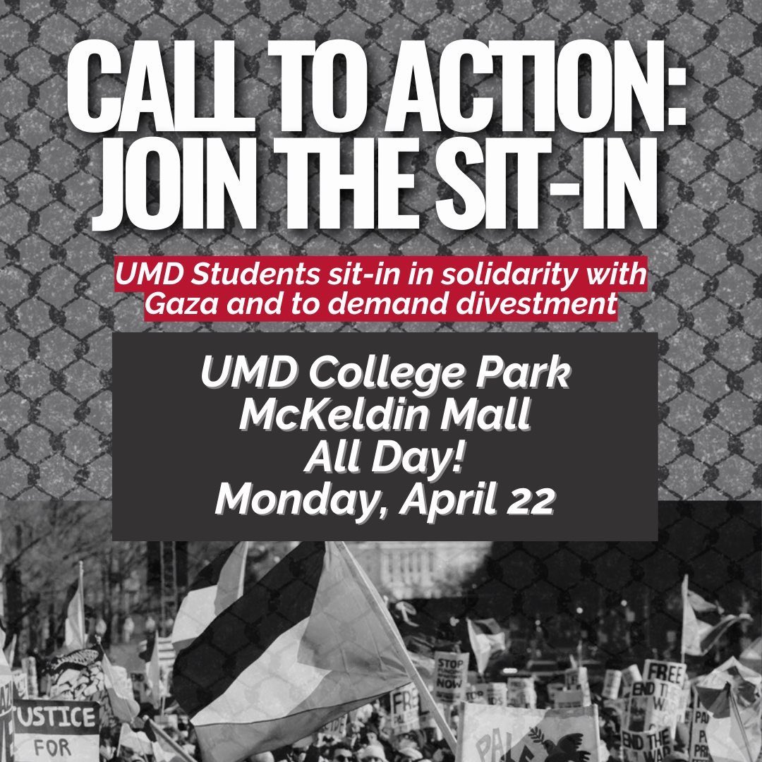 🚨 HAPPENING NOW🚨 Mckeldin Mall sit-in at UMD College Park happening all day! Join students & community as we come together to show solidarity for Gaza as the atrocities continue.