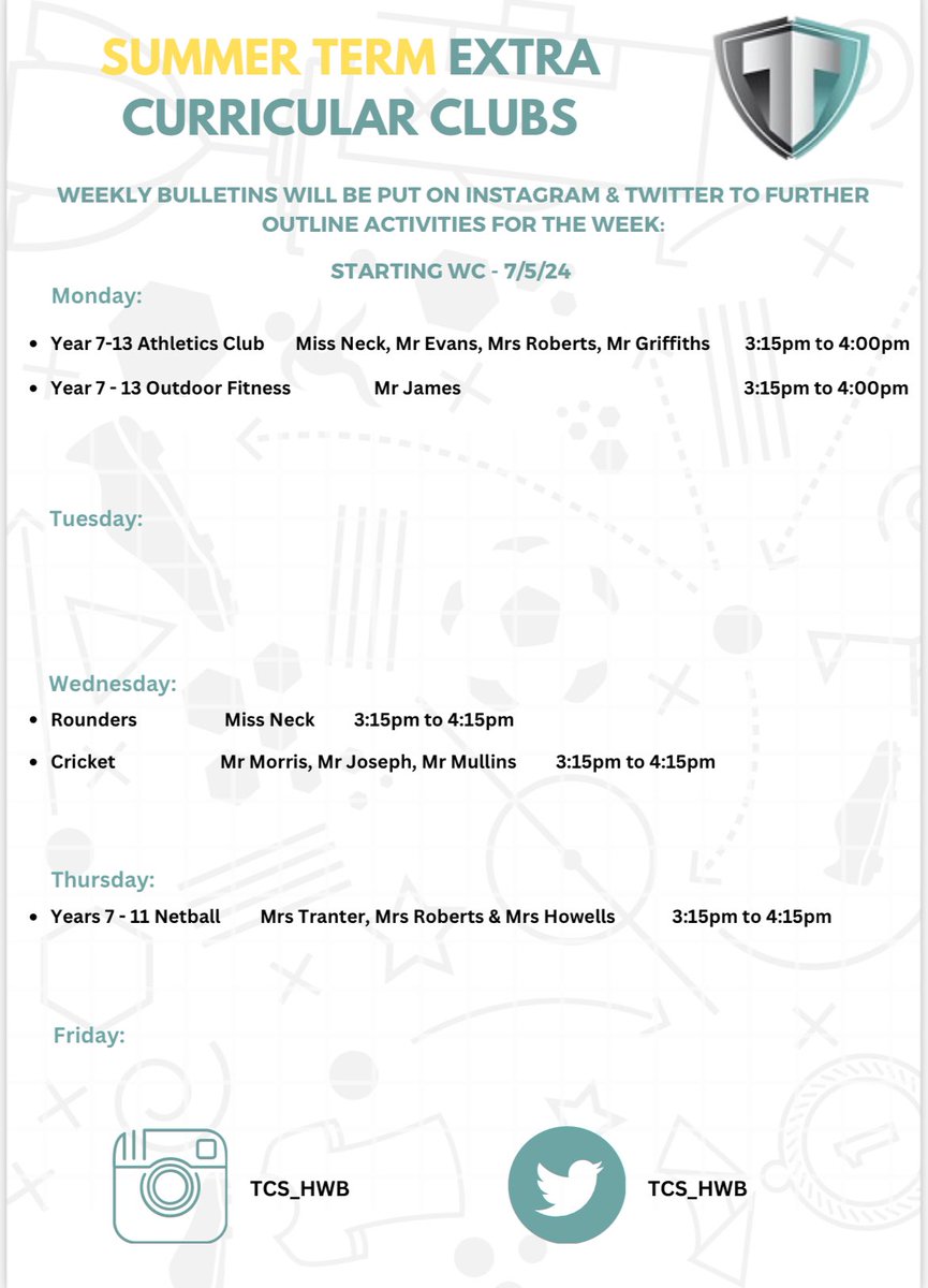 🚨 Extra Curricular 🚨 Please see the summer term extra curricular clubs starting on Tuesday 7th May For more information please go and see the HWB faculty