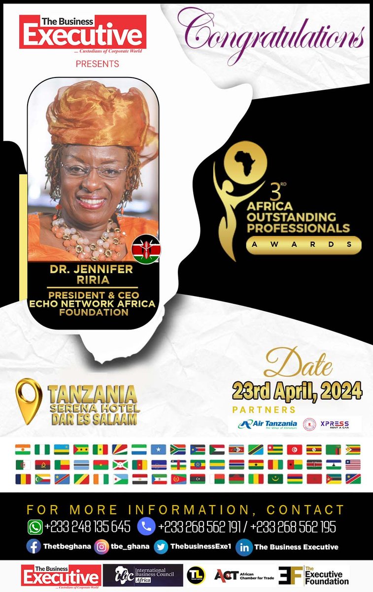 Hearty congratulations to ENA Foundation President & CEO, Dr. Jennifer Riria! #EchoNetworkAfrica #AfricaOutstandingProfessionalsAwards @tbe_ghana @TheBusinessExe