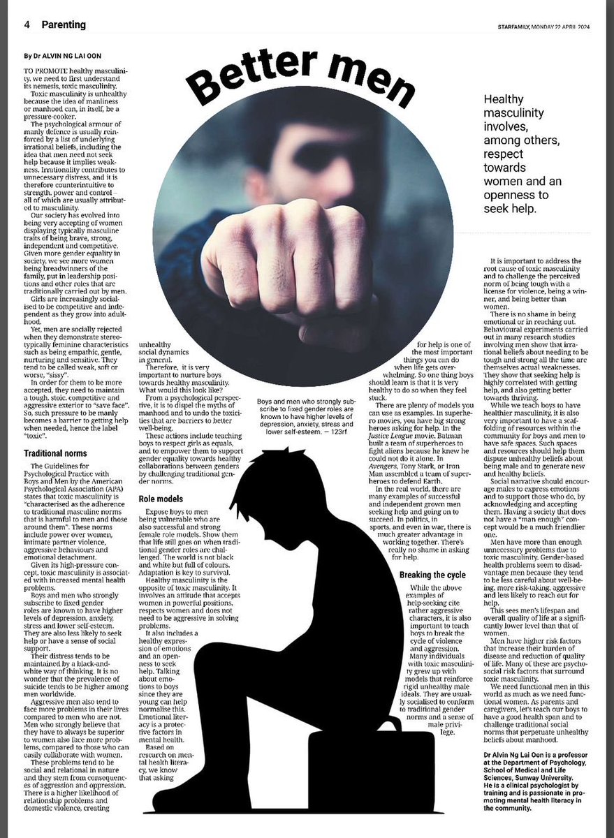 Masculinity needn't be toxic. There are healthy versions of masculinity. Here's my article in TheStar today: thestar.com.my/lifestyle/fami…