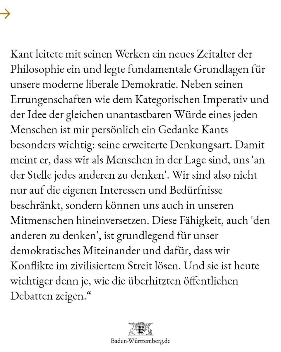 Vor 300 Jahren wurde Immanuel #Kant geboren. Ministerpräsident #Kretschmann würdigt ihn als einen der größten und wirkungsmächtigsten Denker der Menschheitsgeschichte. 👇