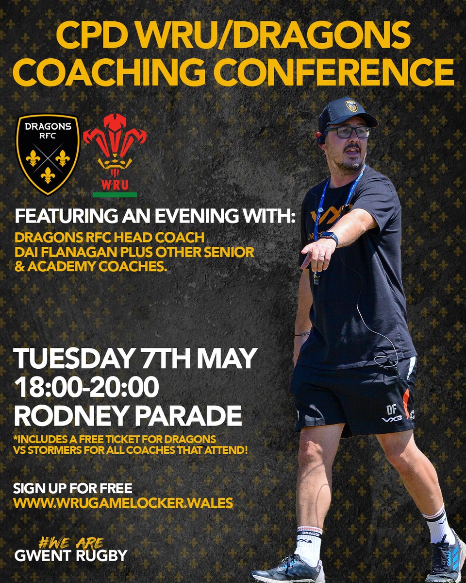 🚨𝘼𝙏𝙏𝙀𝙉𝙏𝙄𝙊𝙉 𝘼𝙇𝙇 𝘾𝙊𝘼𝘾𝙃𝙀𝙎 | Dragons RFC & @WelshRugbyUnion are hosting a 'Coaching Conference' course at Rodney Parade on Tuesday May 7. 🙌 Hear from Head Coach Dai Flanagan & more by signing up for this 🆓 event! ⤵️ ▶️ wrugamelocker.wales/en/courses/ #WeAreGwentRugby