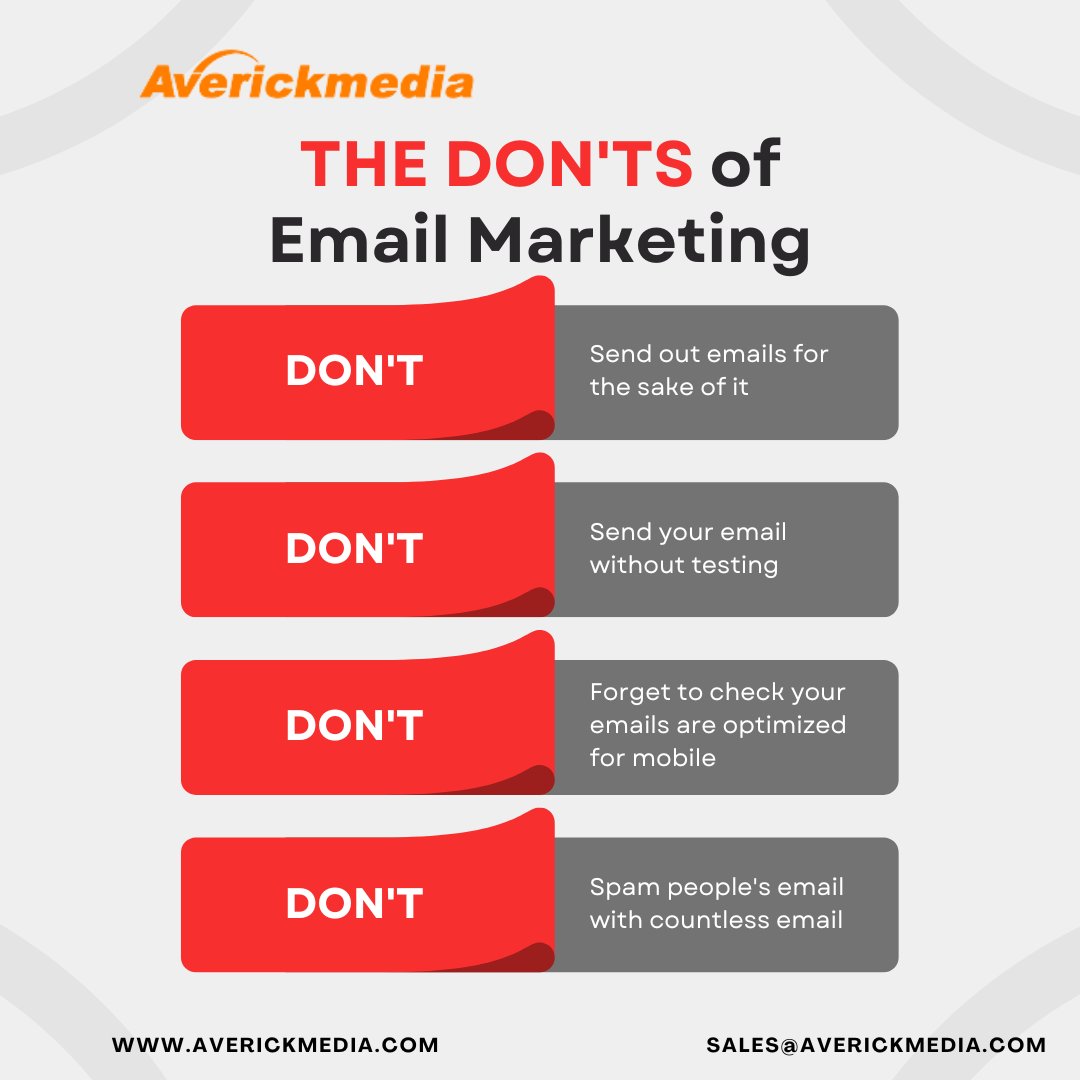 THE DON'TS of Email Marketing
averickmedia.com/blog/how-to-ta…
#emailmarketing #business #marketing #database #b2b #email #champaign #gmail #outlook #google #mailinglist #emaillist #unitedstates #averickmedia