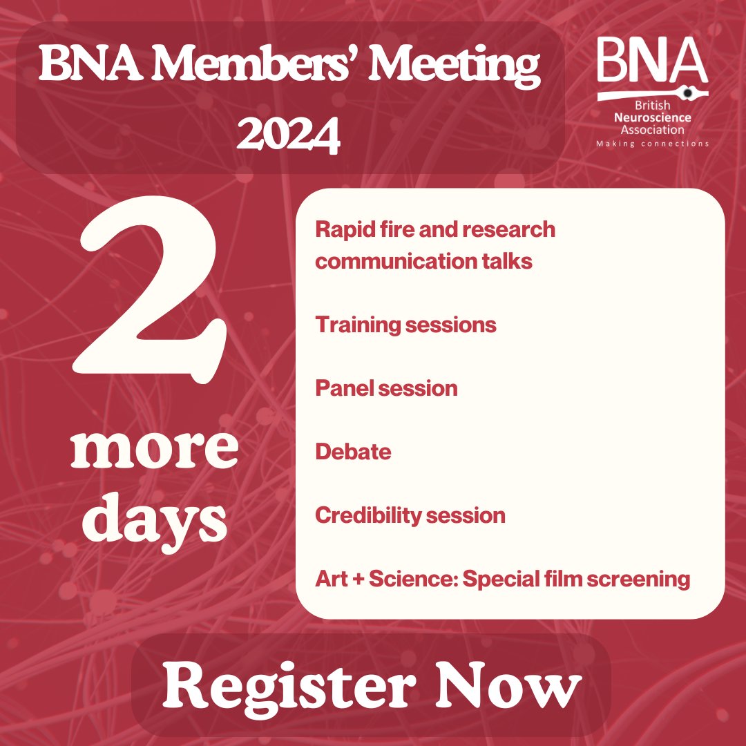 2 days to go till our Members' Meeting! Register now to experience our research talks and sessions, as well as connect with the international neuroscience community. The meeting is free to attend for BNA members. Register here: bna.org.uk/mediacentre/ev… #BNAMembersMeeting2024