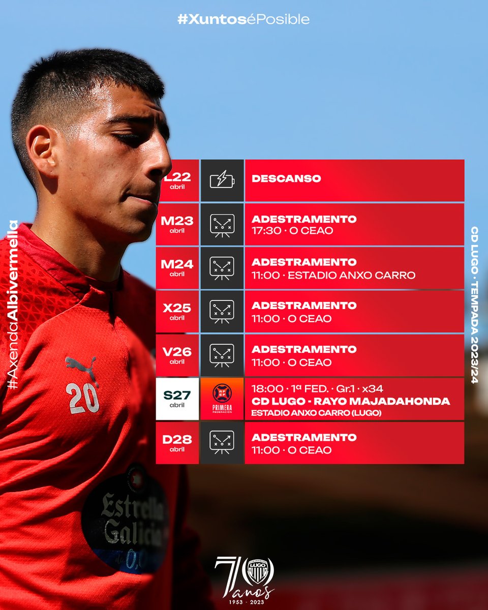 CDeportivoLugo's tweet photo. |INFO|📅

👉Plan de traballo do primeiro equipo para a semana:

#ForzaLugo 
#LugoRayoMajadahonda https://t.co/mXpaS2gvmQ