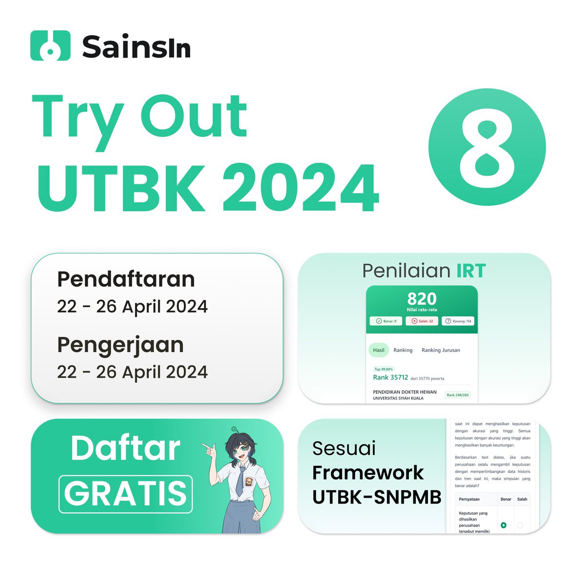 📢PENDAFTARAN TRY OUT UTBK SNBT 2024 8 DIBUKA GRATIS!🚀🚀 Ga kerasa udah Try Out yang kedelapan dan UTBK juga tinggal delapan hari lagi 🥲 ✨ Persyaratan daftarnya gampang banget! 📅Pendaftaran & Pengerjaan: 22 - 26 April 2024 Cara pendaftaran Try Out UTBK SNBT 8 SainsIn 👇🏻