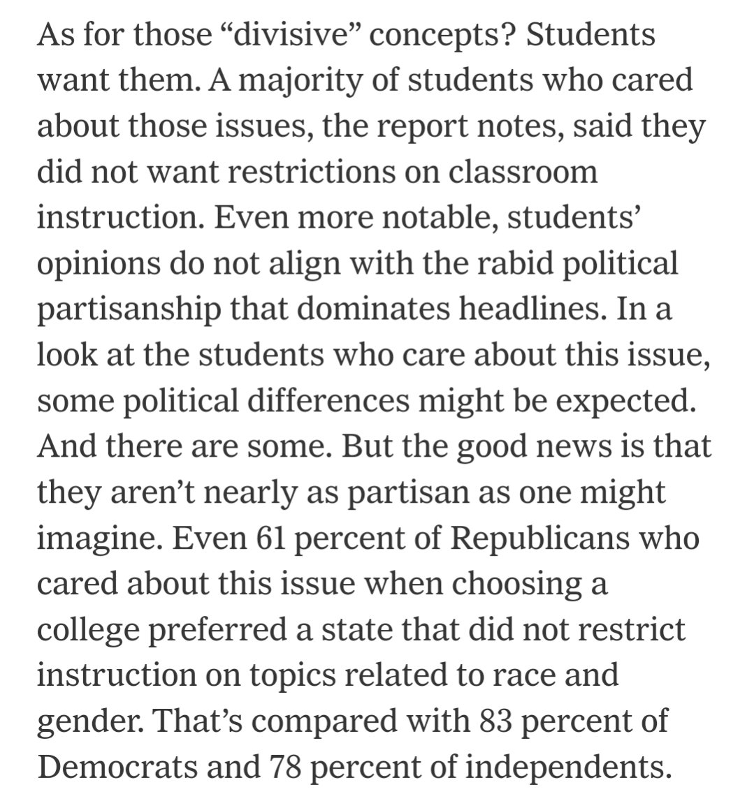 Key takeaway from @tressiemcphd, drawing on a @LuminaFound/@Gallup survey of college students: massive majorities of students, including 61% of Republicans, don't want to go to college in states with educational gag orders. nytimes.com/2024/03/28/opi…
