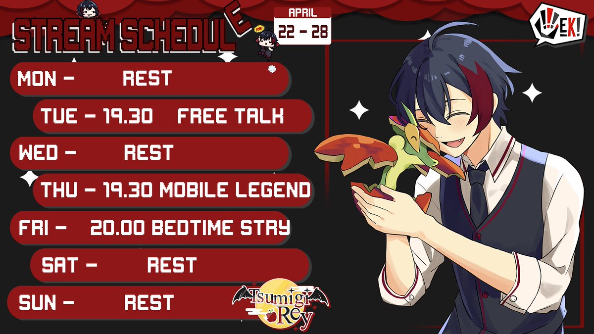 UrLocalVampaiah's tweet photo. 【Schedule】
22 - 28 April 2024

【Tags】     
General : #TsumigiRey
Fanart : #Tsumart
Fantag : #Reyog

Youtube :
https://t.co/F5xp1DQYK4 https://t.co/Aef9gJoOHT