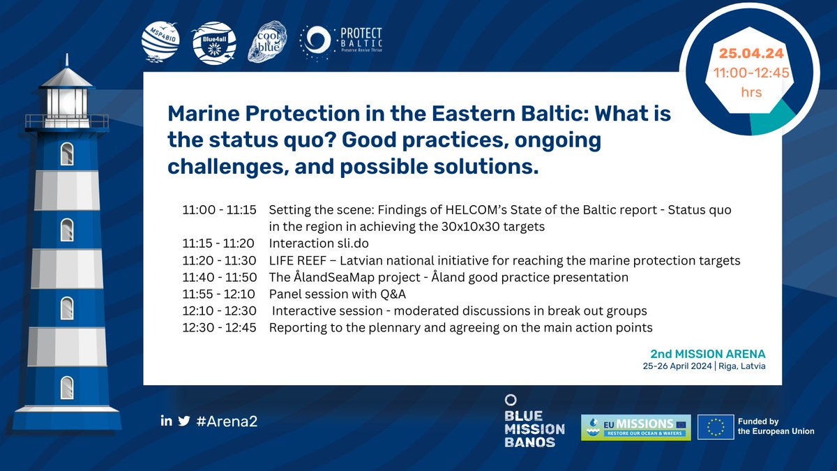 🇱🇻This week the @MissionBANOS #Arena2 is happening in Riga!

👉 If you are attending, don't miss @MSP4BIO_Project,  @BLUE4ALLproject, #coolblue & @protectbaltic's workshop 𝙈𝙖𝙧𝙞𝙣𝙚 𝙋𝙧𝙤𝙩𝙚𝙘𝙩𝙞𝙤𝙣 𝙞𝙣 𝙩𝙝𝙚 𝙀𝙖𝙨𝙩𝙚𝙧𝙣 𝘽𝙖𝙡𝙩𝙞𝙘 

🌊 Check out the agenda below!