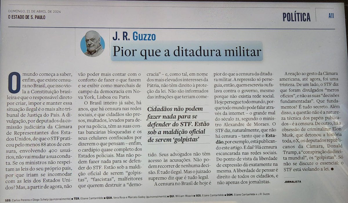 Existem poucos jornalistas em atividade no Brasil. Um deles é o @jrguzzofatos. Outros que se intitulam jornalistas se transformaram em meros agentes de repressão do regime. Apoiam a perseguição e a censura que deveriam denunciar.