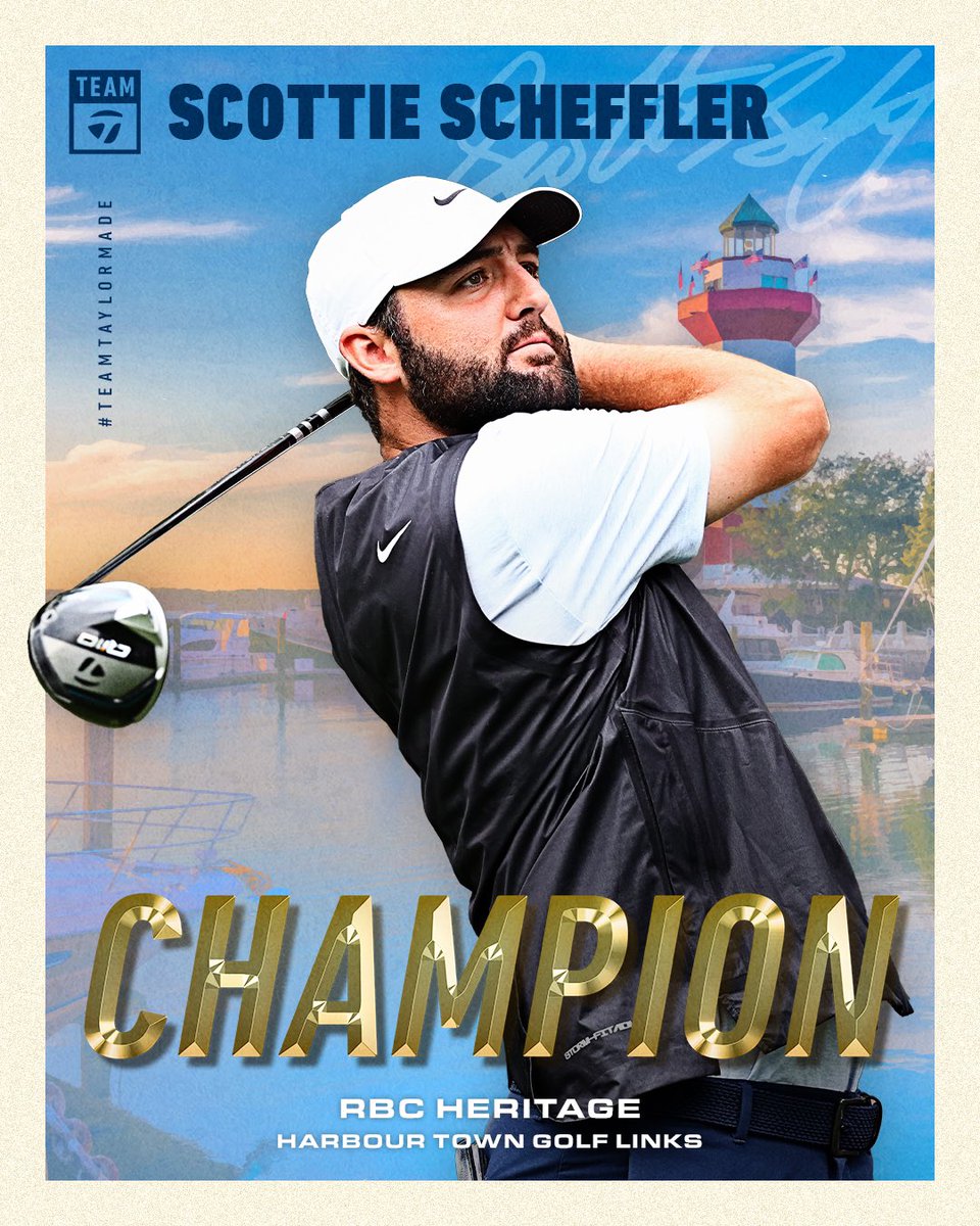TaylorMadeGolf's tweet photo. HE DID IT AGAIN! 

Scottie Scheffler captures his fourth win in five starts at the RBC Heritage! 

World No. 1 continues his run of dominance at Harbour Town to become the first person since 2008 to win in four out of five starts. #BeyondDriven #TeamTaylorMade https://t.co/rZg69TzYYZ