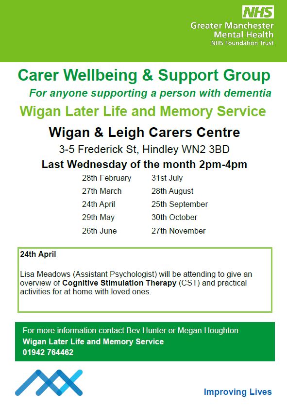 Carer Wellbeing & Support Group (for anyone supporting a person with #Dementia)
📅Wednesday 24th April, 2pm - 4 pm
📌Venue: Wigan and Leigh Carers Centre, 3-5 Frederick Street, Hindley, Wigan, WN2 3BD
With guest speaker, Lisa Meadows - Assistant Psychologist 
#DementiaSupport