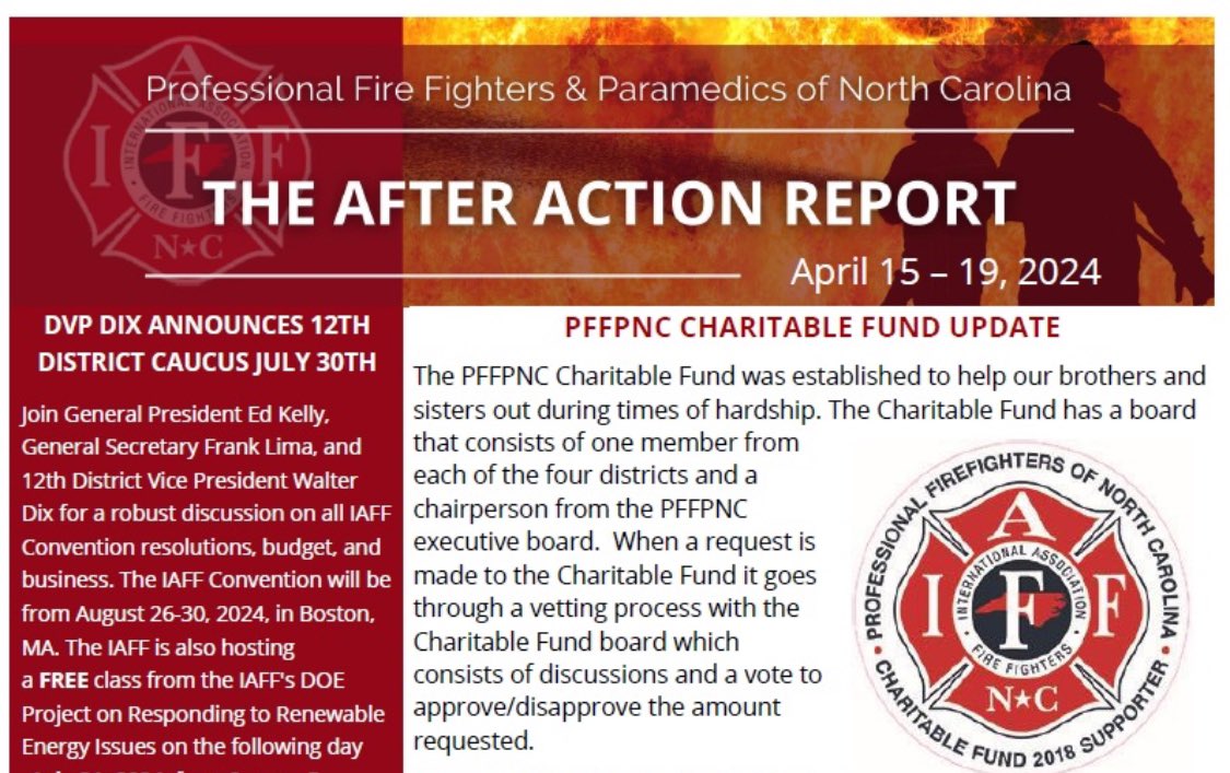 The PFFPNC e-newsletter for April 15-19 is now posted and includes a Charitable Fund Report from Chairman and 2nd District VP, David Pollard. Also, the 12th District Caucus will be July 30th in Orlando, Florida. pffpnc.org/newsletters/