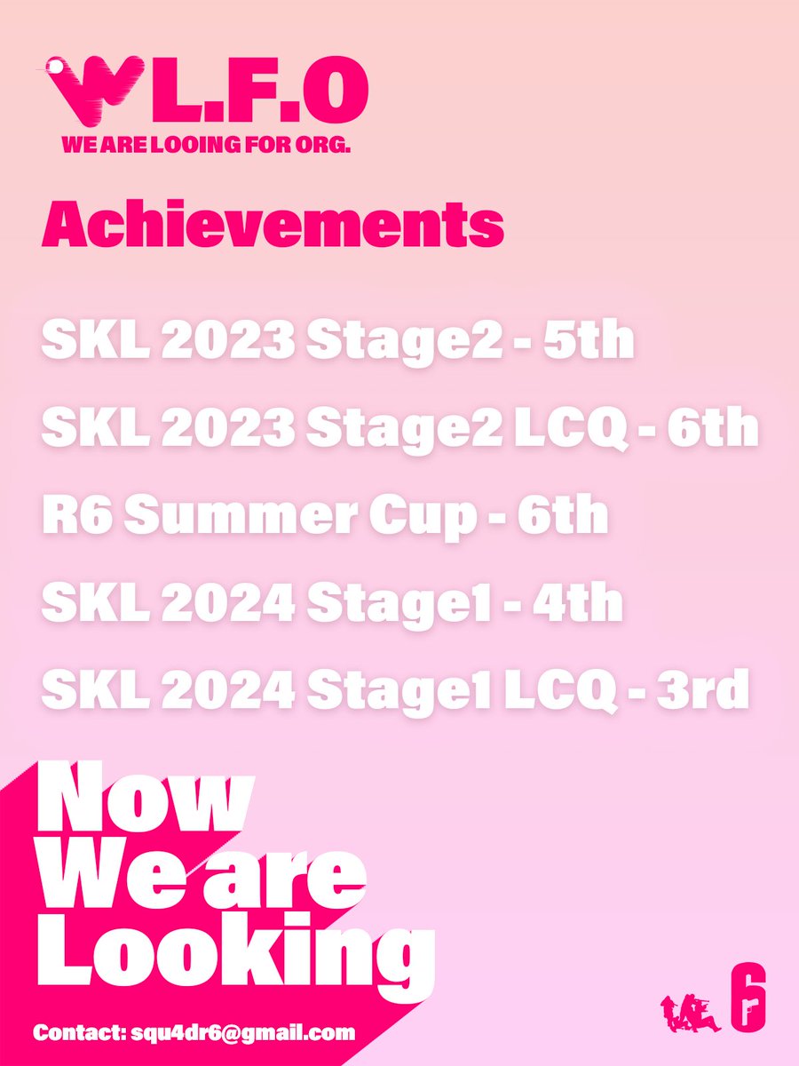 안녕하세요, 저희는 SKL 에 참여하고 있는 R6S팀 WEBL LFO입니다. 저희는 2024 SKL Stage 2 에 함께 나아갈 프로팀/구단 을 찾고 있습니다. 
개인적인 제안은 고려하지 않고있으며, 함께 이적을 희망하고 있습니다.
많은 관심과 연락 부탁드립니다.
팀 제안 연락처 : <a href="/Squ4d2/">Squ4d</a> , squ4dr6@gmail.com