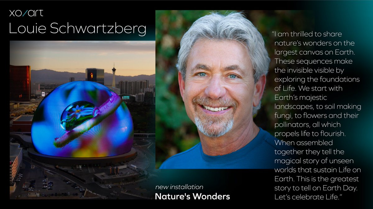 SphereVegas's tweet photo. Please join us in welcoming Sphere’s latest XO/Art artist, award-winning filmmaker @LouieFilms. His pieces explore the foundations of life and making the invisible visible. In celebration of #EarthDay, Schwartzberg's pieces, along with @mickeyhart’s artwork, will be featured in an 11-minute content show that will run at 6am PT today and at both 7pm and 8pm PT this evening.