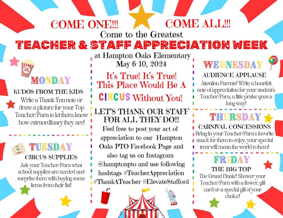 @PtoHampton is working on a week full of food and surprises for our amazing staff! Staff Appreciation Week is May 6-10, 2024. In order to do this, we need your help.  #StrongerTogether #ElevateStafford #TeacherAppreciationWeek2024 #TAW2024 #ThankATeacher @HamptonOaksElem