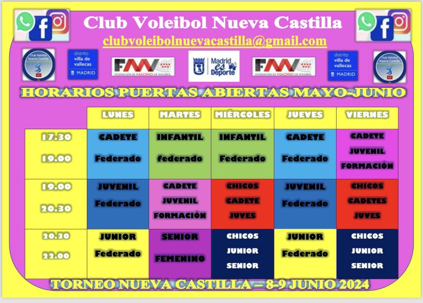 Ya tenemos los horarios y días de entrenamiento de nuestras puertas abiertas!!! Empezamos el 6 de mayo
Nuestro pabellón está en la C/Pico de la Cierva s/n detrás del cementerio villa de Vallecas, al lado de unas pistas deportivas! Os esperamos 🔝