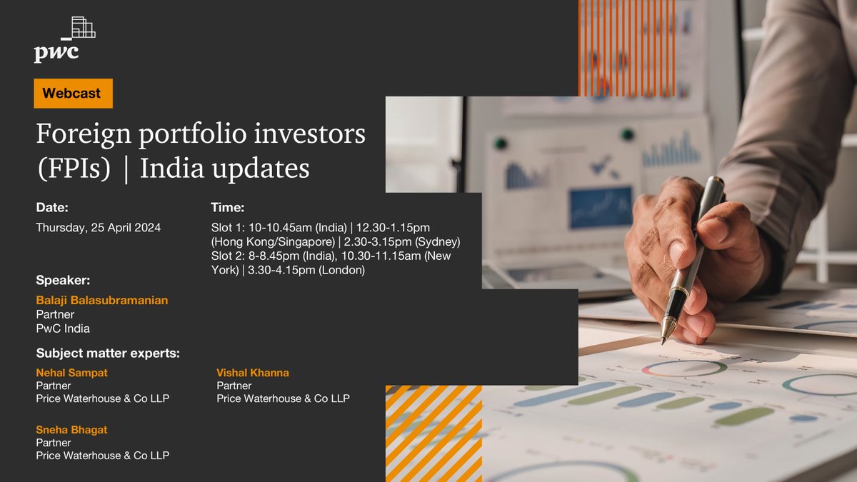 Subject matter experts will discuss the latest regulatory and tax updates related to FPIs. Join the webcast to gain insights into these changes and their implications, as per the appended schedule: Slot 1: bit.ly/3xMJjSe Slot 2: bit.ly/3UcngMa