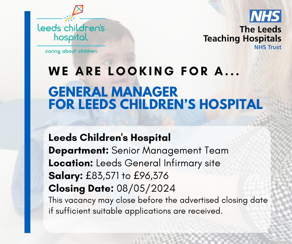 We have an exciting opportunity for someone to join the team as General Manager for Leeds Children's Hospital, working closely with the Clinical Director and Head of Nursing to shape and lead children's services @LeedsHospitals. Find out more here: jobs.nhs.uk/candidate/joba…