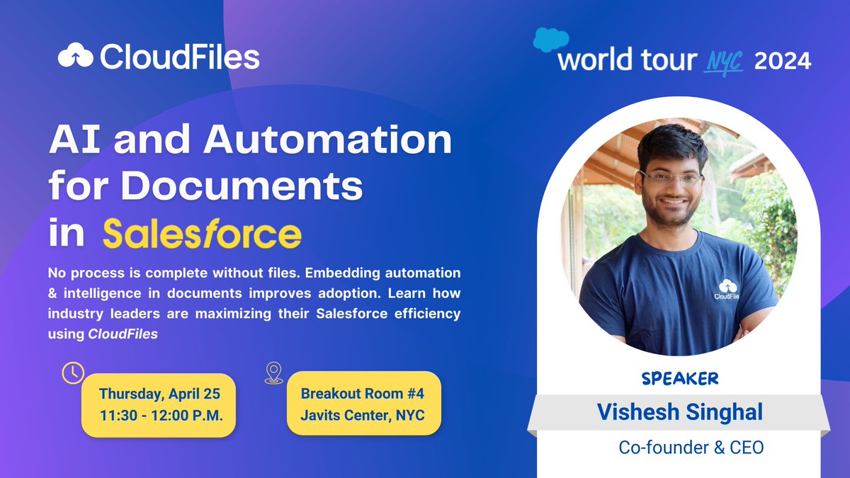 Join us in Breakout Room 4 from 11:30 to 12 pm at NYC WT  for an enlightening discussion led by our CEO Vishesh Singhal, as we uncover the power of AI & automation for documents in #Salesforce.
#SalesforceWorldTour #AI #Automation #DocumentManagement #SalesforceWorldTourNYC