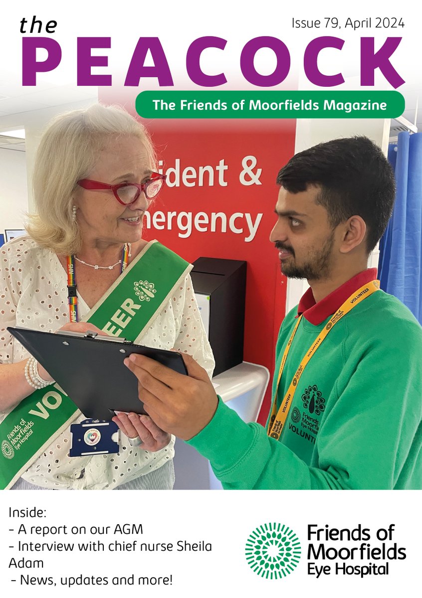 Our new Peacock magazine is available now! friendsofmoorfields.org.uk/new-issue-of-p… It’s packed with news and updates, including a report on our recent AGM, and an interview with Moorfields chief nurse and director of allied professionals Sheila Adam.