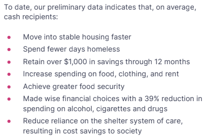 A pilot in Vancouver that provided unconditional cash to homeless people not only saved more money than it cost, it also reduced drug and alcohol use by 39%. In the India UBI pilot, where entire villages got UBI, drug and alcohol use went down by 12% compared to control villages.