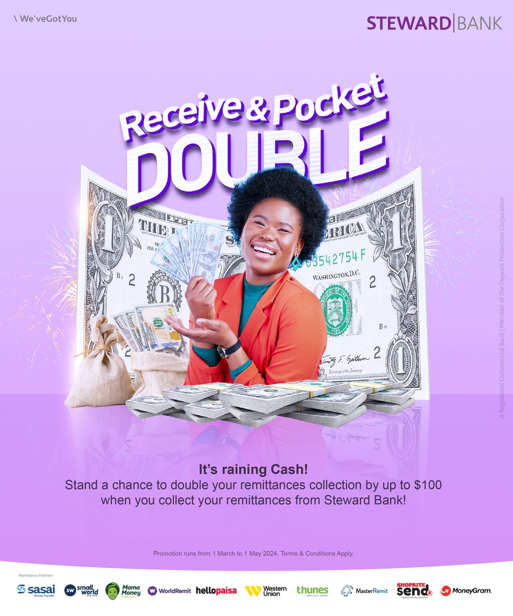 Double up with Steward Bank🎉

Collect funds sent via any of our Remittance partners and stand a chance to double your collection.

Promotion ends on the 1st of May.

Ts & Cs Apply! #PocketDouble #WeVeGotYou