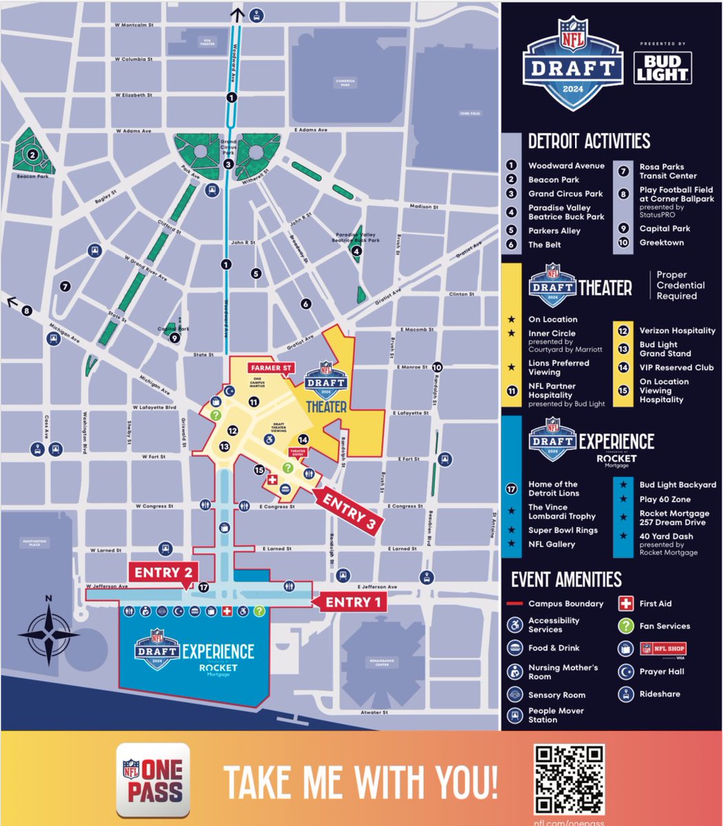 Here is the #NFLDraft map if you’re planning on heading downtown. Download the NFL One Pass app for everything you need to know. 
(zoom in for a better look)