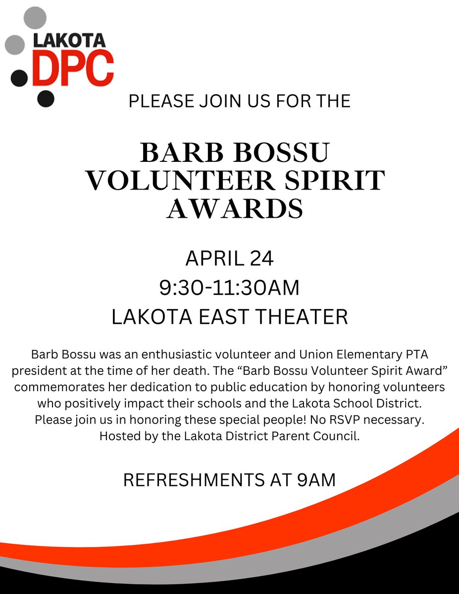 We can't wait to honor #WEareLakota volunteers this Wednesday at the 34th annual Barb Bossu Volunteer Spirit Awards. 

Parent and community engagement is vital to the success of our district and it is one of the many reasons why #WEchooseLakota.