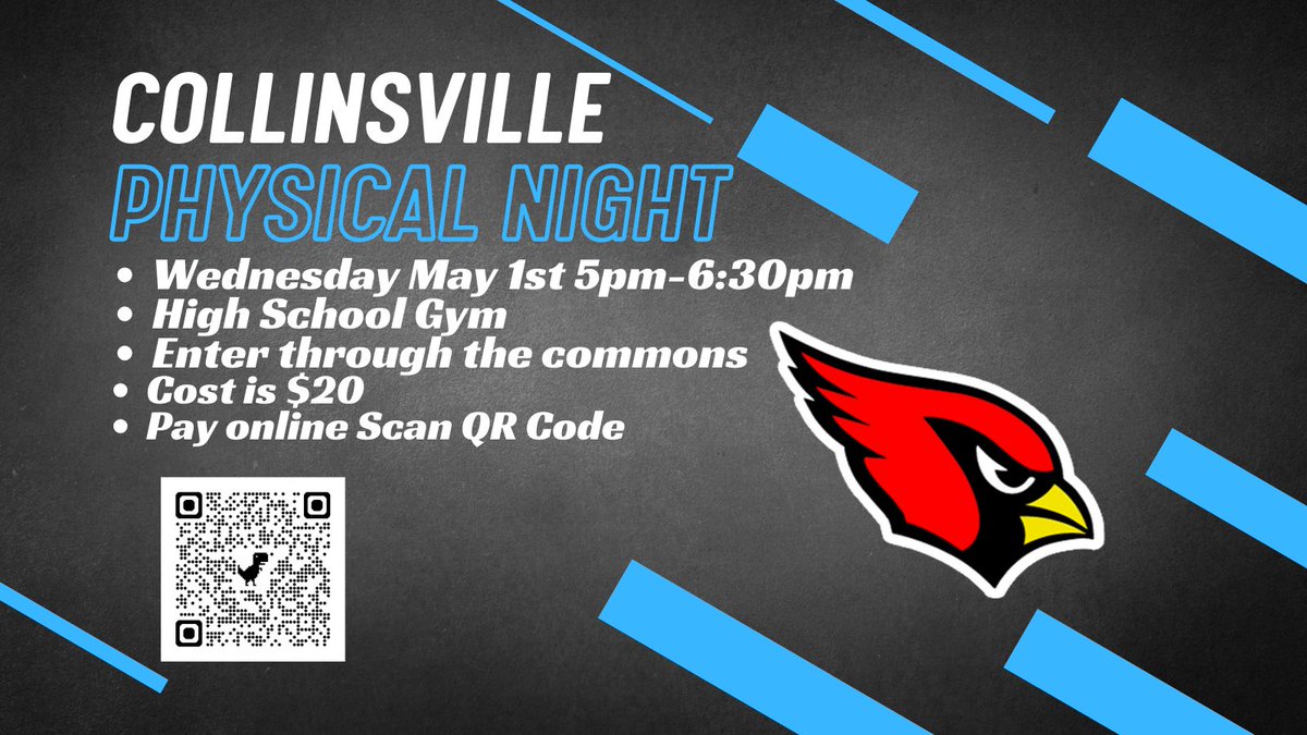Collinsville annual Activity Physical Night is coming up next week May 1st 5-6:30pm in the high school gym. Cost is $20. @CVilleCardsBall @CVilleCardsFB @collinsville_fb @ca6_softball @CvilleOKCheer @cvillecards @cvilleokschools @CollinsvilleBa4 @LadyCardBball