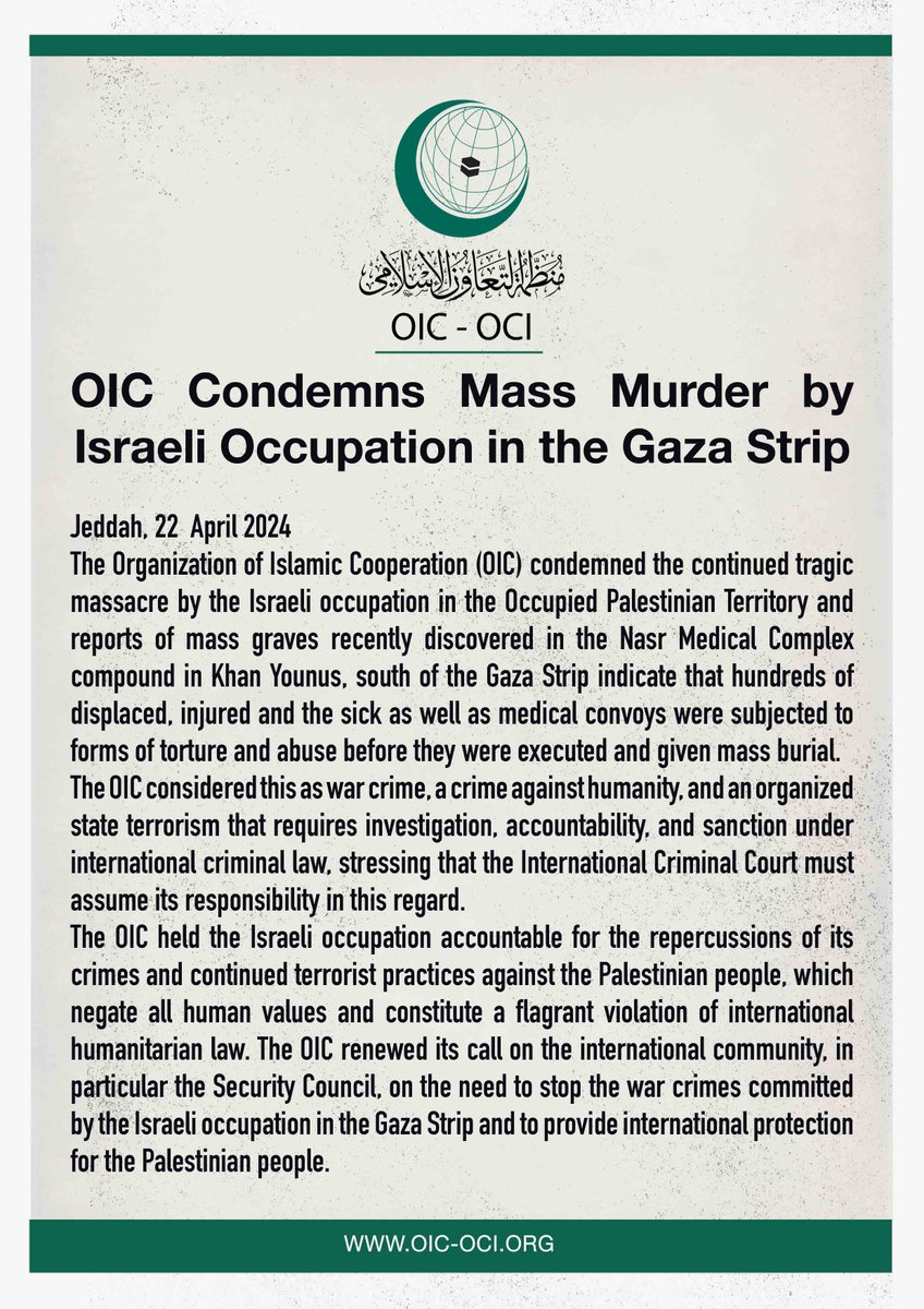 OIC Condemns Mass Murder by Israeli Occupation in the Gaza Strip: new.oic-oci.org/SitePages/News…