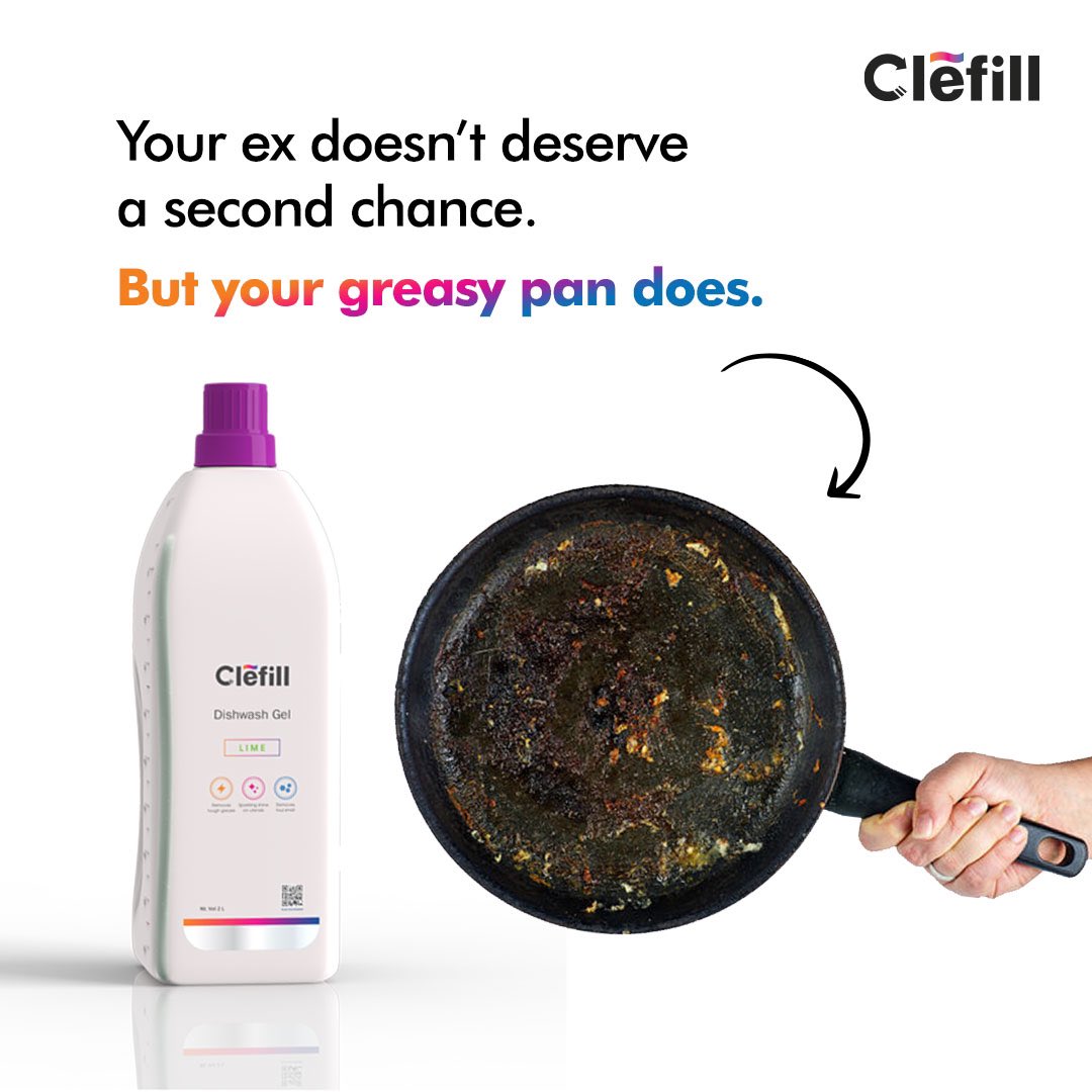 Can't get rid of the grease?
Throw your #DishwashGel , NOT the pan!

#Clefill #Cleaning #CleaningProducts #Ahmedabad