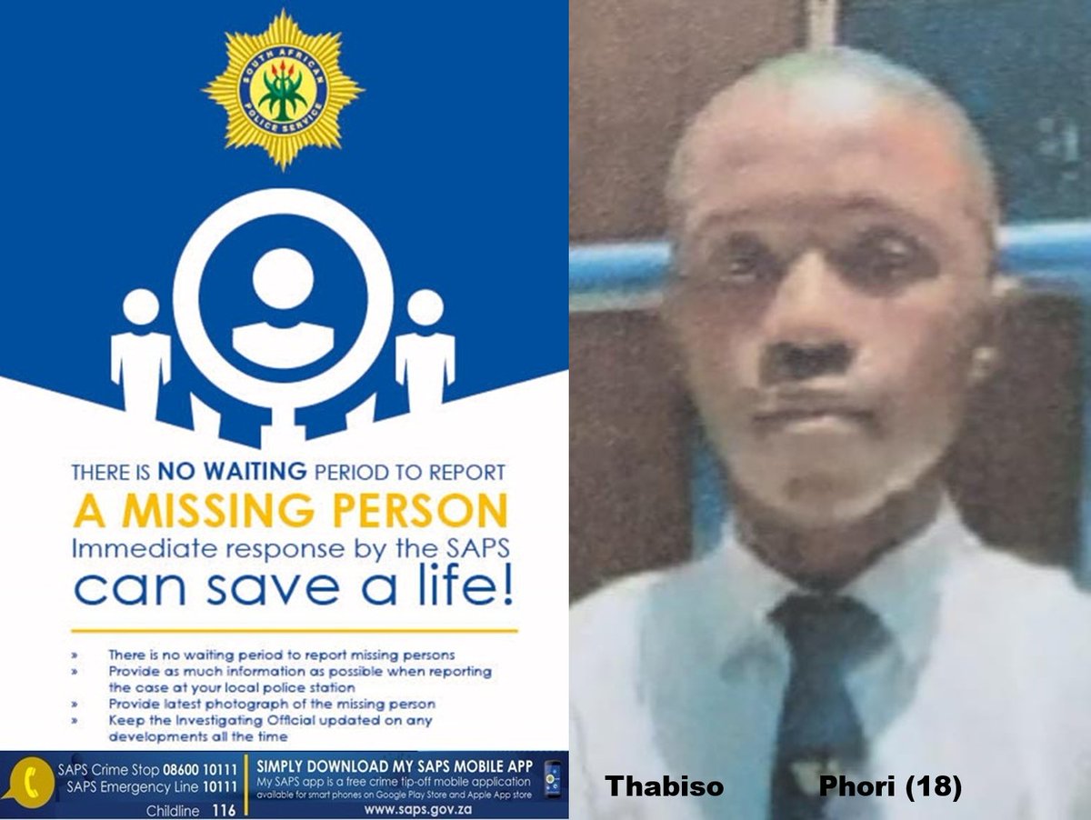 RT #sapsFS #SAPS Odendaalsrus seek public assistance in locating a #missing person, Thabiso Phori, aged 18,  who was last seen by his friend on 15/04 at a tavern in Odendaalsrus CBD. Info->D/Capt Chalube 082 301 2797 #CrimeStop #MySAPSApp ME
saps.gov.za/newsroom/msspe…