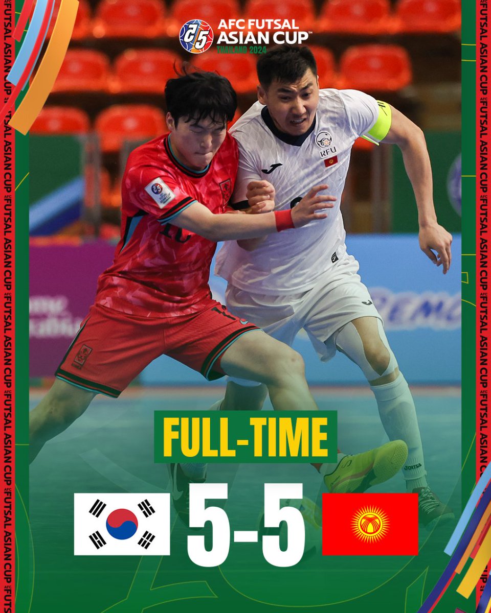 FT | 🇰🇷 Korea Republic 5️⃣-5️⃣ Kyrgyz Republic 🇰🇬

A rollercoaster match sees Kyrgyz Republic advance to the Quarter-Finals! 

#ACFutsal2024 | #KORvKGZ