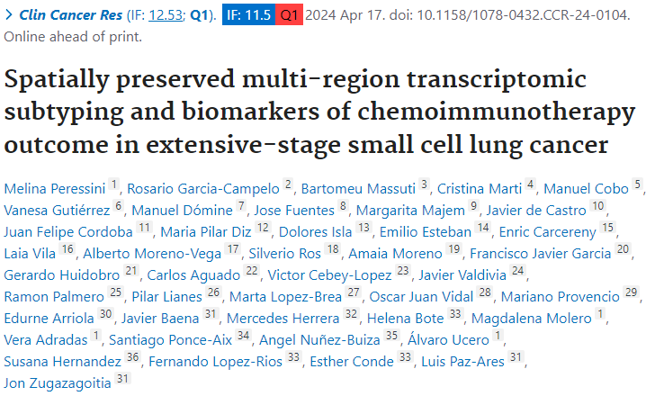🔬#ProducciónCientífica @Oncologia_HUVN @hospital_hvn: 

'Spatially preserved multi-region transcriptomic subtyping and biomarkers of chemoimmunotherapy outcome in extensive…' #DifundeCiencia #HUVNdivulga #HUVNinvestiga 

pubmed.ncbi.nlm.nih.gov/38630755/ 
doi.org/10.1158/1078-0…