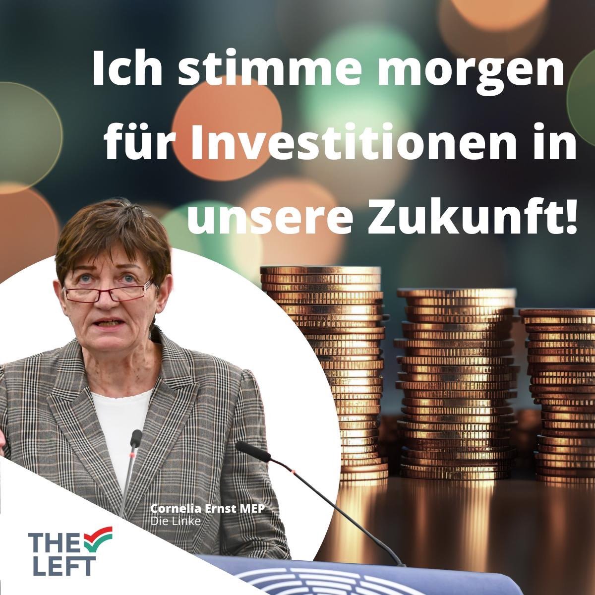 Morgen stimmt das #EPlenary über den „EU-Rahmen für wirtschaftspolitische Steuerung“ ab, der die alte #Austeritätspolitik in der #EU fortsetzen soll. ⛔️Wir sagen: Nein! ❗️Denn Klimawandel und sozial-ökologische Transformation erfordern dringend Investitionen in unsere Zukunft!