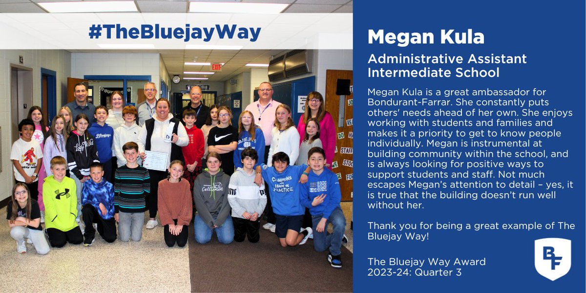 BF_District's tweet photo. The Bluejay Way Award, through partnership w/ @sheenasheenaco1 of REMAX Hilltop &amp; @HomesforHeroes recognizes BFCSD staff who are kind, compassionate &amp; go the extra mile to support all students. 🤩 🙌

Megan is a rock star! Help us show our appreciation!

#WeAreBondurantFarrar 💙 https://t.co/iZZhAlo0aM