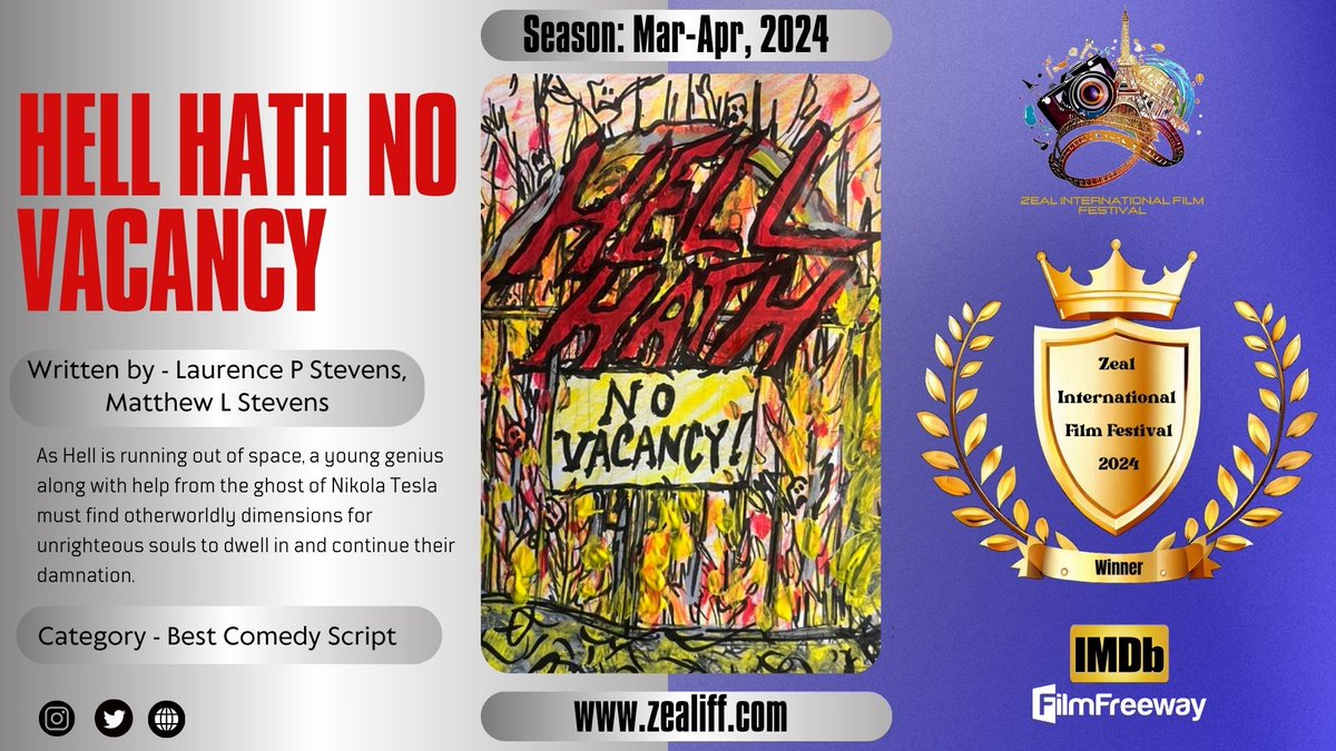 zealfestival's tweet photo. 🤗We congratulate Matthew L Stevens & Laurence P Stevens on their remarkable achievement.
🧮Read the Comedy Script today on our official website: https://t.co/abfV5rctes
#HELLHATHNOVACANCY #ZIFF #winner #ComedyScript https://t.co/CUVdKT5P1t