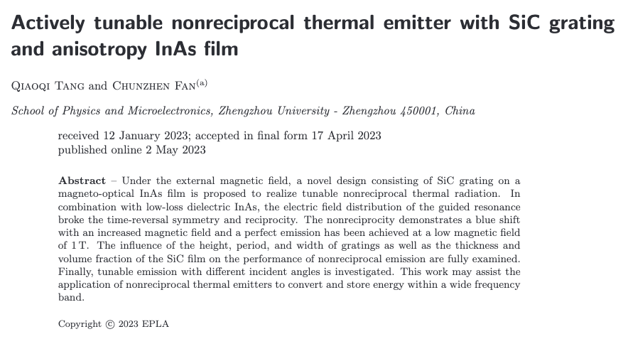 Actively tunable nonreciprocal thermal emitter with SiC grating and anisotropy InAs film by Qiaoqi Tang and Chunzhen Fan 👉 vu.fr/Ayqab