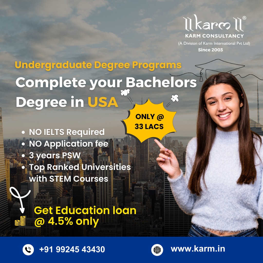 Unlock Your Future with Karm! 🌟 Pursue your Bachelor's Degree in the USA hassle-free—no IELTS, no application fees! Access top-ranked universities with Karm guiding your way. Connect with us today to kickstart your study abroad journey. #StudyinUSA #NoIELTS #StudyAbroad