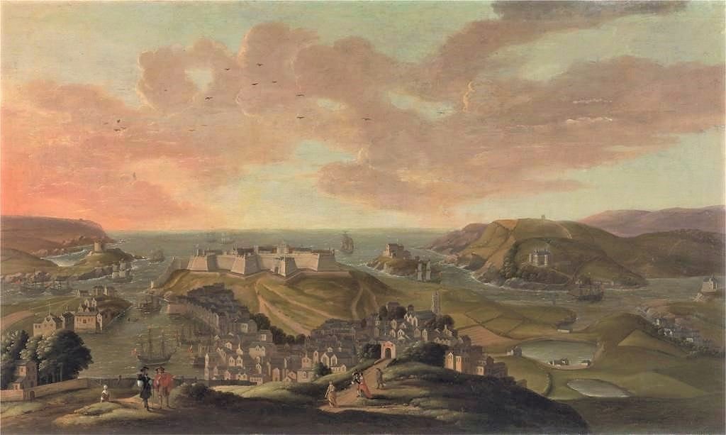 Morning at Plymouth, England: town, harbor, & brand new Royal Citadel. All beautifully painted in 1673 by Hendrick Danckerts, whose day is today.