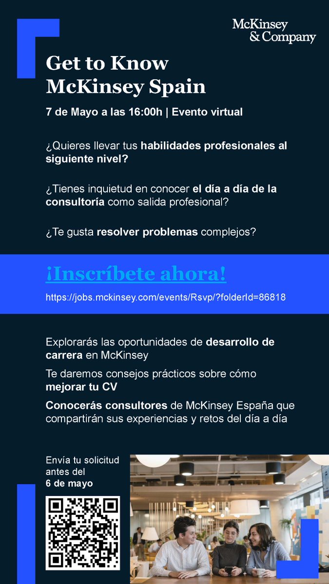 OrientacionLaboralUSC (@aol_usc) on Twitter photo Get to Know <a href="/McKinsey/">McKinsey & Company</a> Spain
Evento dirixido a estudantes de Universidades en España de penúltimo e último ano de calquera #grao ou #mestrado con interese por descubrir o mundo da #consultoría
07/05/24. En liña. de 16:00 a 19:00
Prazo Inscrición: 06/05/24
acortar.link/7xvmsl Get to Know <a href="/McKinsey/">McKinsey & Company</a> Spain
Evento dirixido a estudantes de Universidades en España de penúltimo e último ano de calquera #grao ou #mestrado con interese por descubrir o mundo da #consultoría
07/05/24. En liña. de 16:00 a 19:00
Prazo Inscrición: 06/05/24
acortar.link/7xvmsl