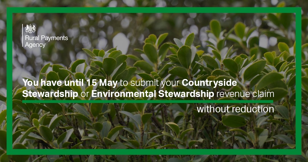 Submit your #CountrysideStewardship or #EnvironmentalStewardship revenue claim without reduction by 11.59pm on 15 May. If there’s no change to your CS claim - submit it online with a single click by making an annual declaration in Rural Payments. Watch 👇 youtube.com/watch?v=OeMsFV…