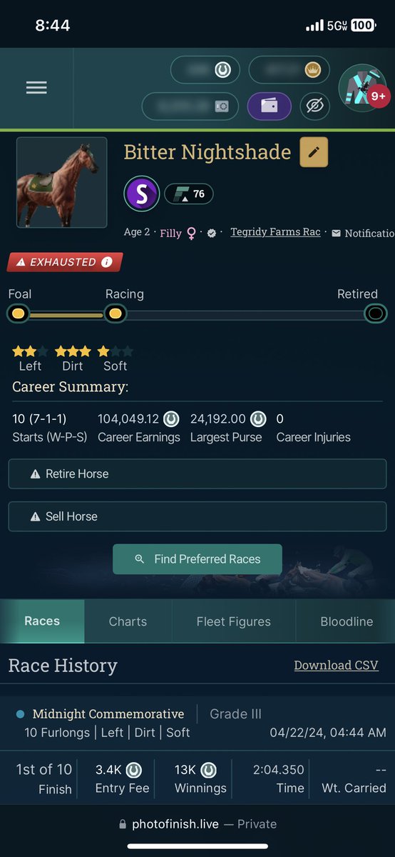TustinJaylor0's tweet photo. Bitter Nightshade with her seventh win in a row. In the past twelve days she has made more >90k DERBY (1.1k USD) which is 3X what I paid in her stud fees. Anyone know the record for consecutive wins? https://t.co/Xf8BHDHvnL