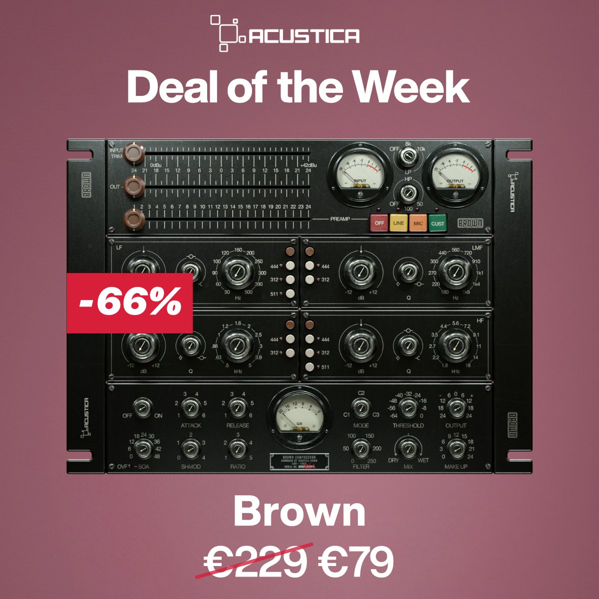 Step up your mixing game with Brown, the ultimate plugin suite sourced from legendary hardware units originally designed for the US Army and prized in AM radio broadcasts. For this week only, get Brown for just €79: acustica-audio.com/shop/products/… Hurry! Deal ends on April 29, 2024.